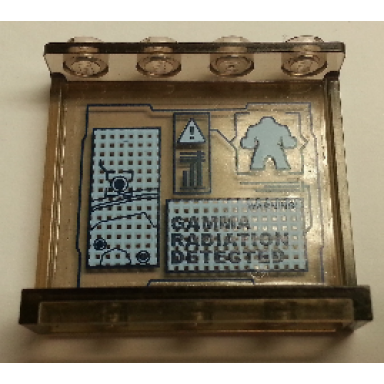trans-brown panel 1 x 4 x 3 with side supports - hollow studs with screen with warning! gamma radiation detected and hulk pattern on inside sticker - set 76018