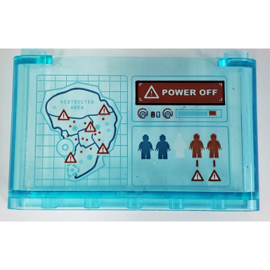 trans-light blue windscreen 1 x 6 x 3 with power off blue and red minifigures map of island with restricted area and warning triangles pattern sticker - set 75939