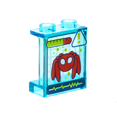 trans-light blue panel 1 x 2 x 2 with side supports - hollow studs with lime gauge and exclamation mark red trace-e spider robot pattern