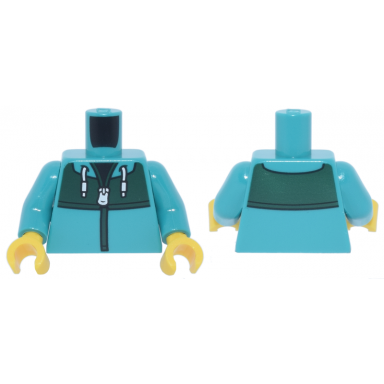 dark turquoise torso jacket with white zipper drawstrings dark green panel and trim over black shirt pattern dark turquoise arms yellow hands