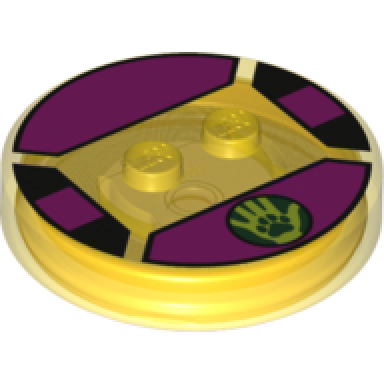 trans-yellow dimensions toy tag 4 x 4 x 2 3 with 2 studs and trans-orange bottom with paw print and lime hand in dark green circle on magenta background pattern beast boy