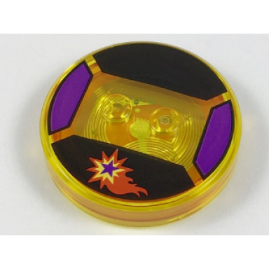 trans-yellow dimensions toy tag 4 x 4 x 2 3 with 2 studs and trans-orange bottom with dark purple red and yellow flaming star on black background pattern starfire