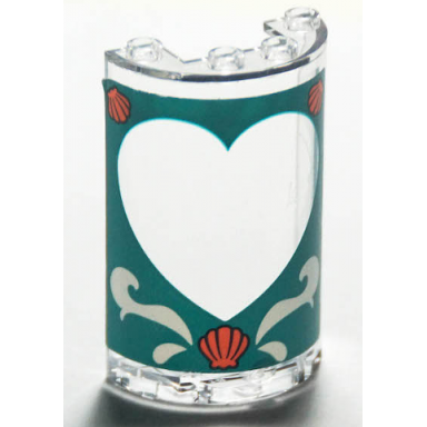 trans-clear cylinder half 2 x 4 x 5 with 1 x 2 cutout with heart border and coral shells on dark turquoise background pattern sticker - set 41380