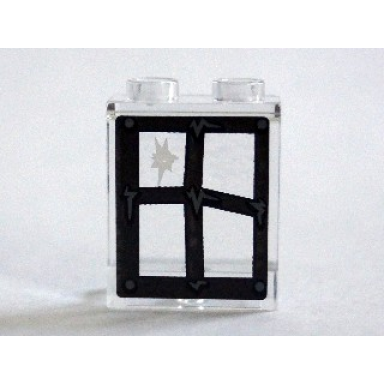 trans-clear panel 1 x 2 x 2 with side supports - hollow studs with black window frame bent with hole in top left pane pattern model right side sticker - set 75904