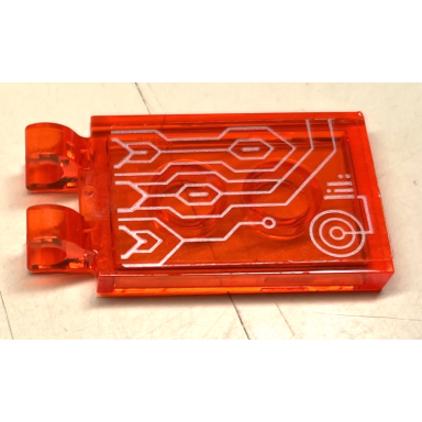 trans-neon orange tile modified 2 x 3 with 2 open o clips with silver circuitry and concentric circles pattern model right side sticker - set 72001