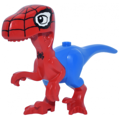 red dinosaur body raptor with molded blue pants and tail and white eye patches and printed black eyes webbing and spider pattern spidey-rex