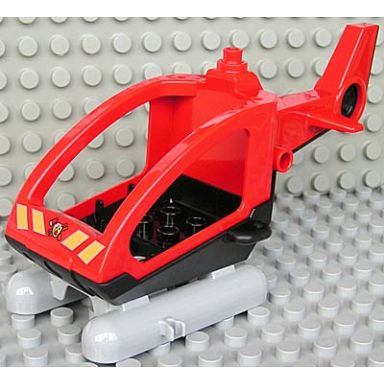 duplo helicopter body medium with cabin skids not removable with black base and fire department logo pattern small propeller pin