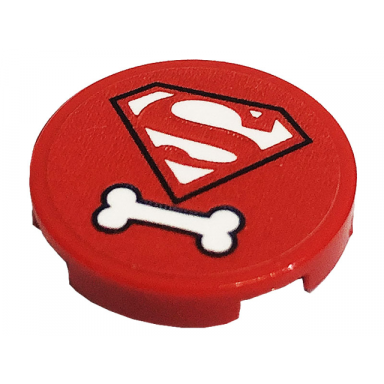 red tile round 2 x 2 with bottom stud holder with superman s logo and white dog bone pattern sticker - set 41233