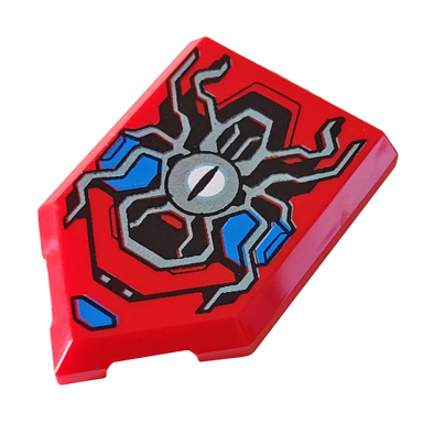 red tile modified 2 x 3 pentagonal with silver spider eye and blue armor plates pattern