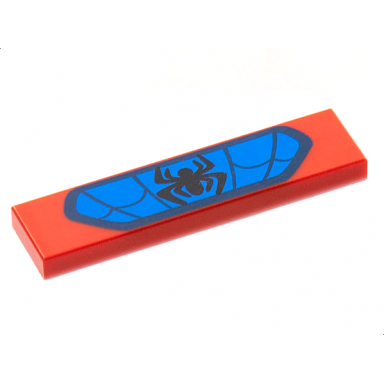 red tile 1 x 4 with black spider on blue background with dark blue border and webbing pattern