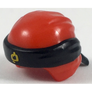 red minifigure headgear ninjago wrap type 3 with molded black bandana and knot and printed bright light orange ninjago logogram letter h pattern