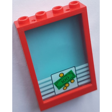 window 1 x 4 x 5 with hollow studs with trans-light blue glass with bank money 100 bill and 4 coins pattern 2493b 2494pb03