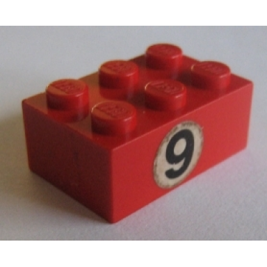 red brick 2 x 3 with black 9 in white circle pattern sticker - set 673