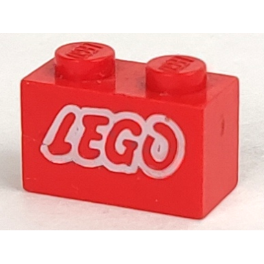 red brick 1 x 2 with lego logo open o style white outline pattern