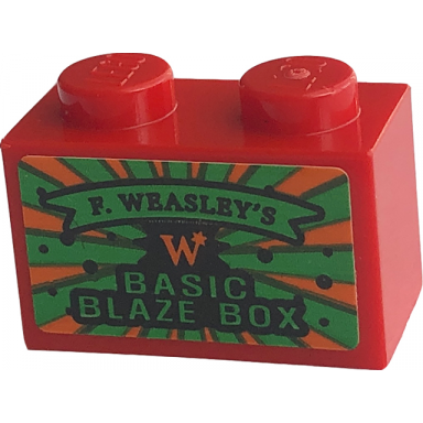 red brick 1 x 2 with black f weasleys on green banner basic blaze box and orange capital letter w pattern sticker - set 76422