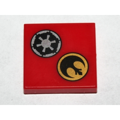 red tile 2 x 2 with black and silver sw imperial logo sw rebel alliance symbol on gold circle pattern