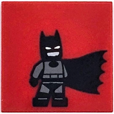 red tile 2 x 2 with batman minifigure with dark bluish gray suit and black cape pattern