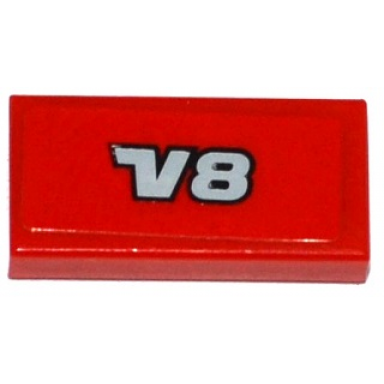 red tile 1 x 2 with light bluish gray v8 pattern sticker - set 8070