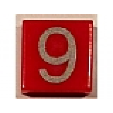 red tile 1 x 1 with silver number 9 pattern