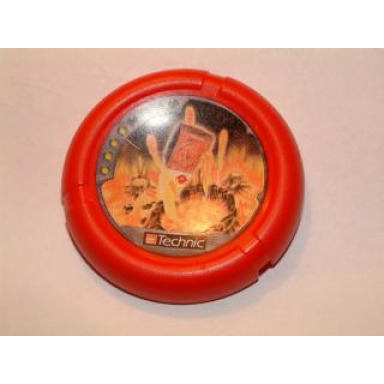 red throwing disk with throwbot torch slizer fire pips lego technic logo and flying box over volcanoes pattern