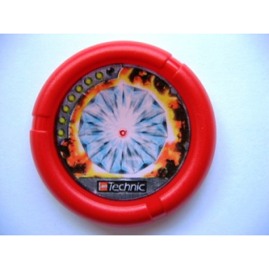 red throwing disk with throwbot torch slizer fire 7 pips lego technic logo and diamond over lava pattern