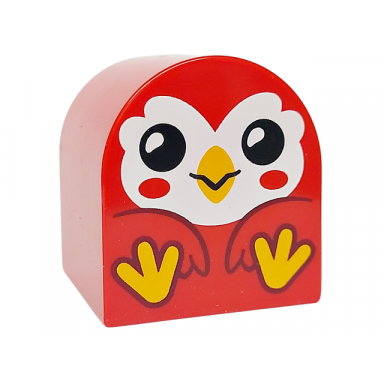 red duplo brick 2 x 2 x 2 slope curved double with bird with white face bright light orange beak and feet and black eyes open pattern