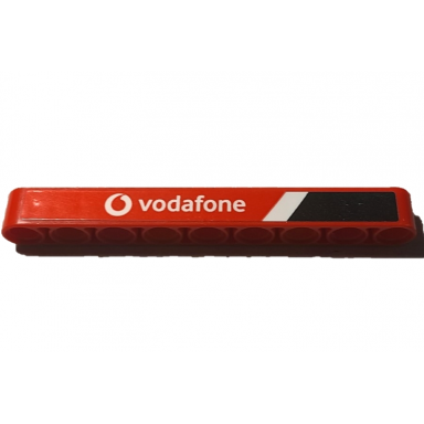 red technic liftarm thick 1 x 9 with black and white stripes and vodafone logo pattern model right side sticker - set 42137