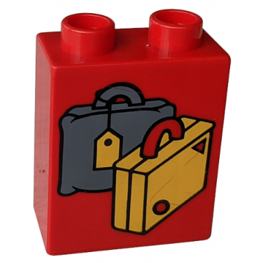red duplo brick 1 x 2 x 2 with dark gray and yellow suitcases pattern