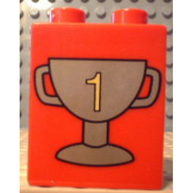 red duplo brick 1 x 2 x 2 with trophy cup number 1 dark gold pattern