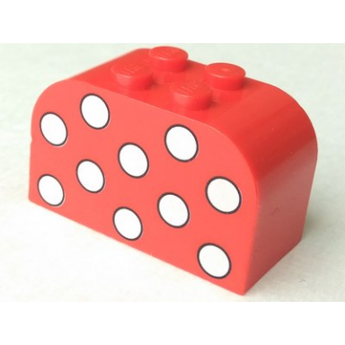 red slope curved 4 x 2 x 2 double with 4 studs with white polka dots pattern