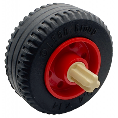 red wheel 18mm d x 14mm with pin hole fake bolts and shallow spokes with black tire 30.4 x 14 solid with tan technic axle 1l with pin without friction ridges 55981 58090 3749