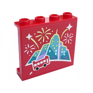 red panel 1 x 4 x 3 with side supports - hollow studs with bus skyline and white and bright light yellow fireworks pattern model right side sticker - set 60407