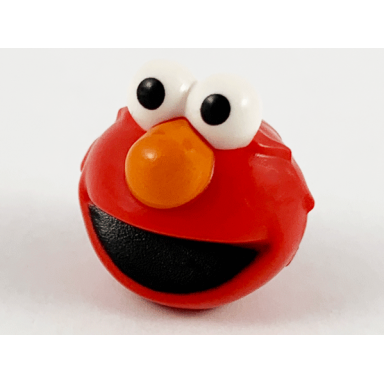 red minifigure head modified sesame street elmo with white eyes orange nose and black mouth pattern