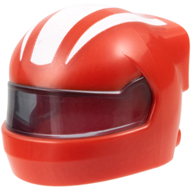 red minifigure headgear helmet formula 1 with molded trans-black visor and printed white stripes pattern