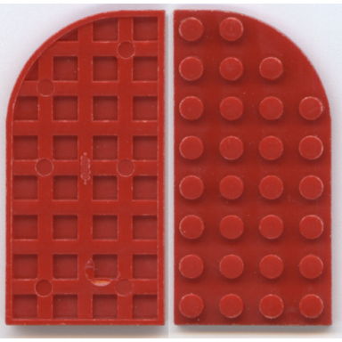 red plate round curved 4 x 8 left with waffle bottom