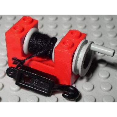 red string reel winch 2 x 4 x 2 with light gray drum with black string and black hook metal 1 x 4 x 1