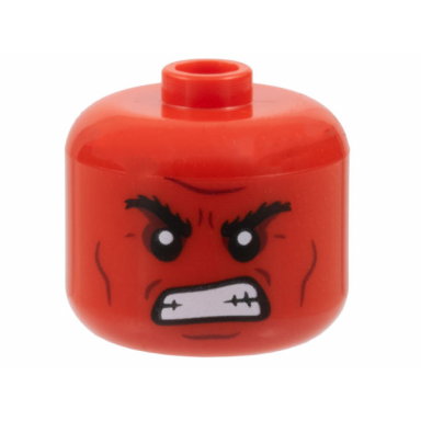 red minifigure head modified giant black bushy eyebrows dark red cheek lines chin dimple and furrowed brow open mouth gritted teeth pattern - vented stud