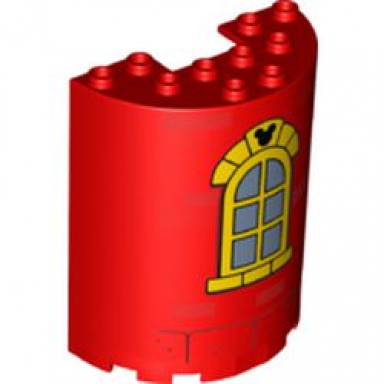 red cylinder half 3 x 6 x 6 with 1 x 2 cutout with curved yellow window with bricks and mickey mouse logo pattern