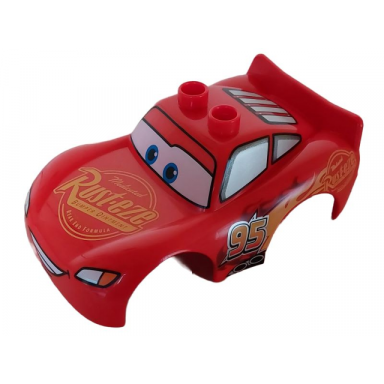 red duplo car body 2 top studs and spoiler with cars lightning mcqueen rust-eze wide smile and low front window pattern