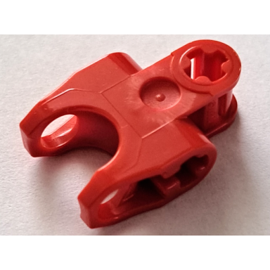 red technic axle connector 2 x 3 with ball joint socket - closed sides angled forks with open axle holes