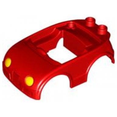 red duplo car body with 2 studs on back and yellow headlights pattern fits over car base 2 x 4