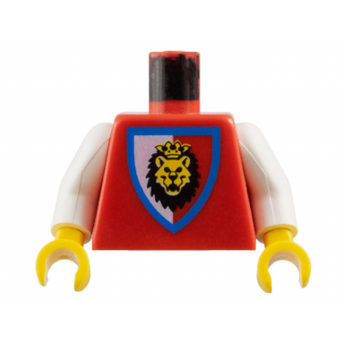 red torso castle royal knights lion head on red white shield pattern white arms yellow hands