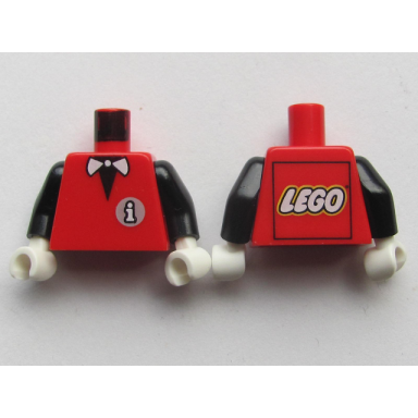 red torso vest with white lowercase letter i on light gray circle infomaniac logo over black shirt bow tie lego logo on back pattern black arms white hands
