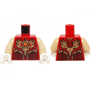 red torso vest with dark red and gold armor with scales and orange round jewel fire chi pattern tan arms white hands