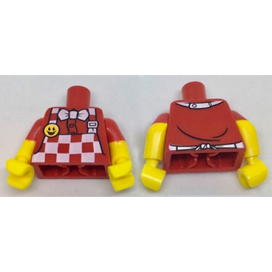 red torso checkered apron and white bow tie bright light orange smile button pattern yellow arms with molded red short sleeves pattern yellow hands