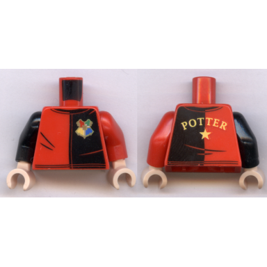 red torso shirt with black left half hogwarts emblem and yellow potter and star on back pattern red arm left black arm right light nougat hands