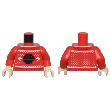 red torso knit fair isle holiday sweater with black sw death star ii white trim and lightning bolts pattern red arms tan hands