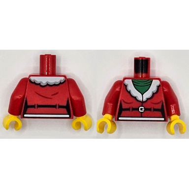 red torso female santa jacket with white fur collar over green turtleneck sweater black belt silver buckle pattern red arms yellow hands