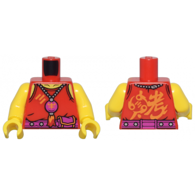red torso tank top magenta belt with pouch silver beaded necklace with charm and tassel and asian symbol pattern yellow arms yellow hands