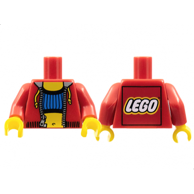 red torso jacket open with pull strings silver zipper and collar and black waistband over blue crop top yellow neck and stomach with navel lego logo on back pattern red arms yellow hands